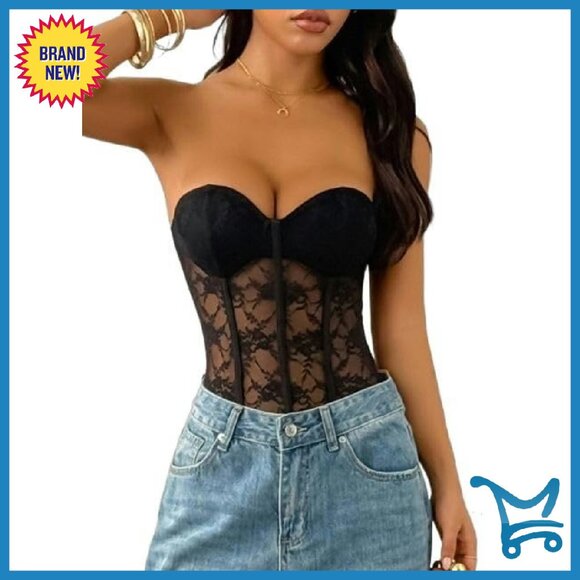 Strapless Lace Corset Bodysuit Sheer Mesh Bustier Top Romper